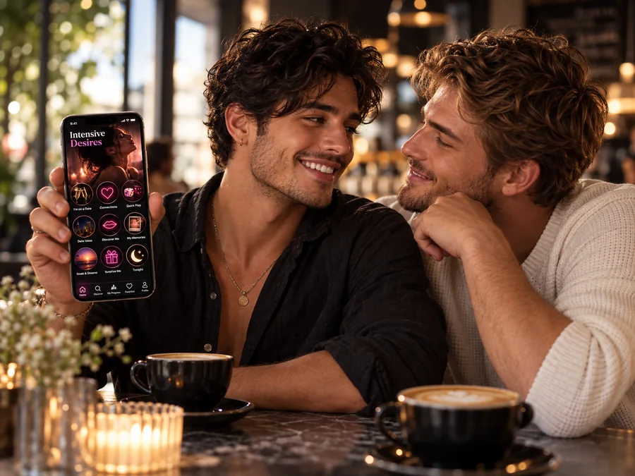 Men on a coffee date using Intensive Desires